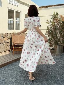 Feyla 新款复古风泡泡袖碎花褶皱收腰A字浪漫度假连衣裙 - 彩色 - 查看 7