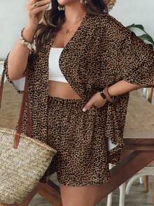 SHEIN VCAY 休闲复古豹纹宽松大码两件套，适合夏季穿着 - 彩色 - 查看 3