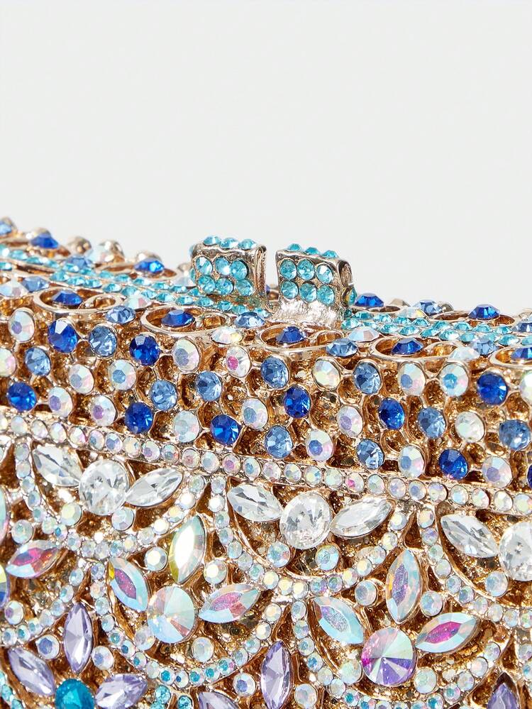 Bolsa de Cristal de Luxo Feminina Mista Azul e Dourada, Bolsa Cintilante com Strass para Mulheres, Bolsa de Embreagem Prateada, Bolsas Pequenas Brilhantes para Casamentos, Bailes de Formatura, Boutiques e Festas, Artesanato Complexo Feito à Mão