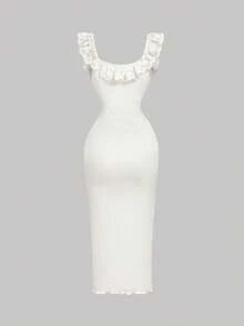 Skyraze Women's Elegant Off-White Ruffle Trim Midi Dress, French Vintage Summer Holiday Party Gown,Off-Shoulder Wedding Guest Date Dress,Spring - Light Yellow - View 8
