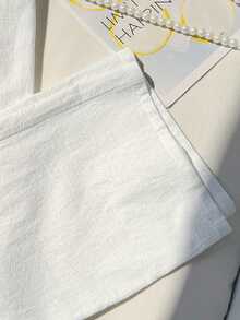 SHEIN Tween Girl 100% Cotton Elastic Waistband Wide Leg White Pants, Casual Basic Back To School - White - View 4