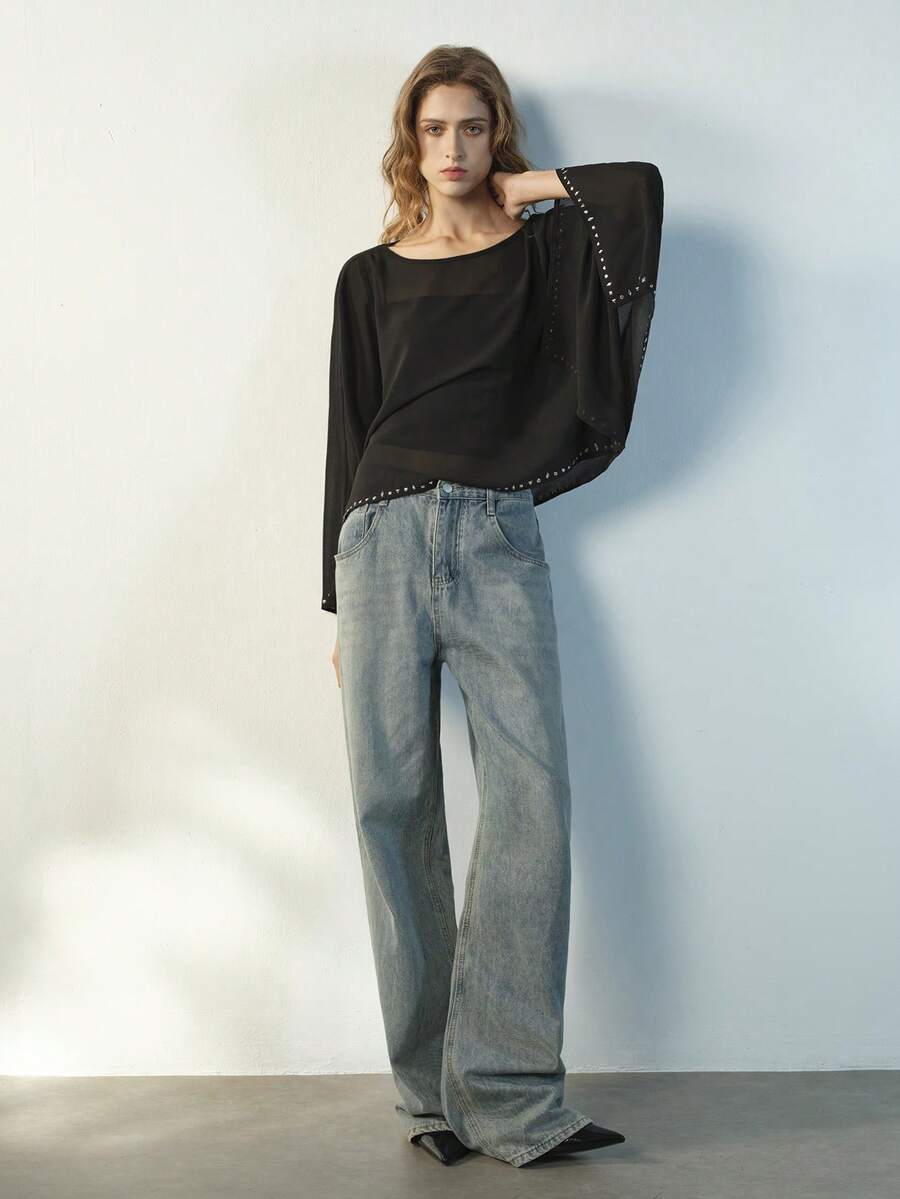 Maija Women's Loose Sheer Casual Crew Neck Blouse - Apricot - View 1