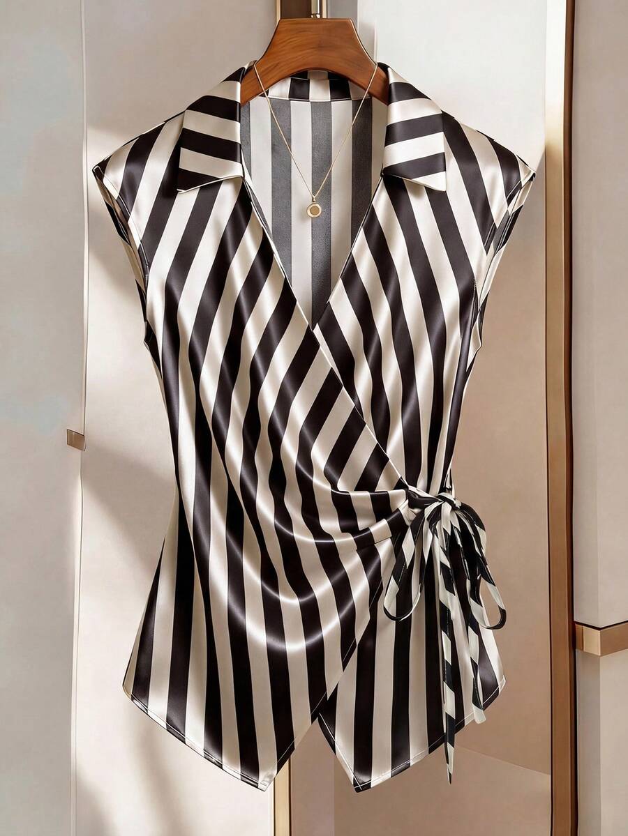 GlowEve Women Stripes Collared Pleated Tie-Front Sleeveless Blouse With - Multicolor - View 1