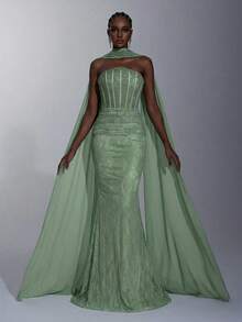 Elitara Elegant Luxurious Stretchy Lace Bustier Shaping Corset,Rhinestone Embellished Sweetheart Neckline,Waist Ruching&Fishtail Hem For Weddings&Parties - Olive Green - View 3