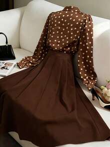 Chiquease 棕色复古波点衬衫 + 高腰喇叭裙，优雅的办公室穿搭 - 棕色 - 查看 2