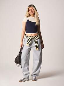 MISSGUIDED 宽松筒形运动裤，弹性腰带，抽绳侧袋，舒适日常穿着，休闲居家运动裤 - 灰色 - 查看 2