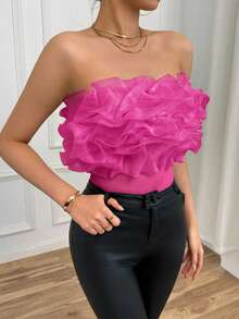 Firerie Women's Fashionable Solid Color Exaggerated Ruffle Bandeau Bodysuit, Summer - Hot Pink - View 3