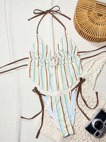 Bonvoyette-D 夏季条纹随机印花吊带露背系带挂脖性感可爱女孩沙滩比基尼套装，女士坦克泳装 - 彩色 - 查看 5