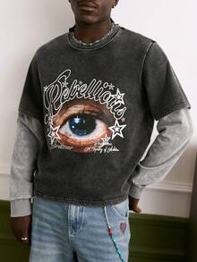 Manfinity Roughcore 1 Stück Herren Sweatshirt, Augen Muster, 2 in 1 Rundhalsausschnitt Pullover, kurzer Stil, Schwarz & Weiß Kontrast, sportlich-lässiger Alltags-Look, Pendeln, Urlaub, Rückkehr zur Schule, Geschenk für Freund/Ehemann, Unisex - Schwarz - Übersicht 6
