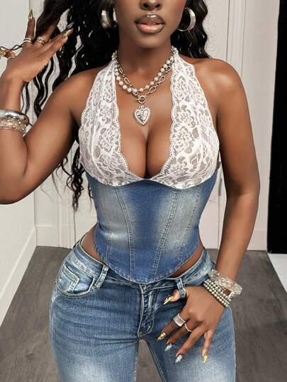 Slaydiva Women's Fashion Sexy Lace Patchwork Backless Halter Denim Blouse
