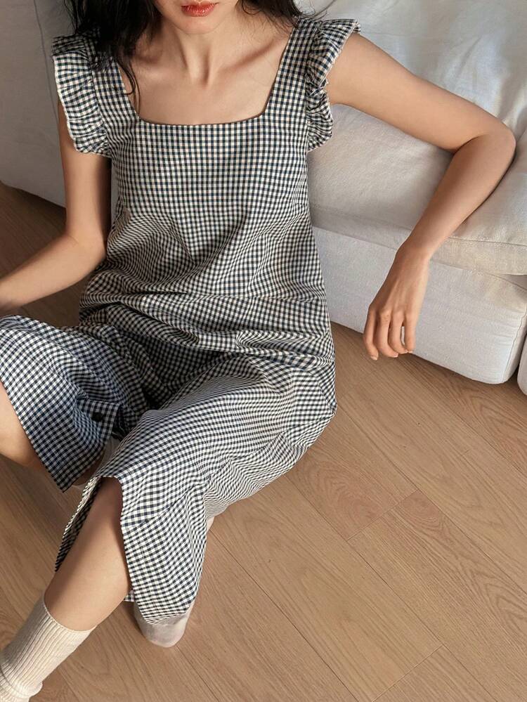 Cute Plaid Ruffle Trim Women's Jumpsuit Loungewear