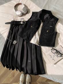 Muvela 女士无袖拉链PU夹克，高端哑光PU材质，复古街头风日常穿搭 - 黑色 - 查看 2