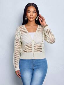 SOLERSUN Women's Summer Casual Open-Knit Long-Sleeved Cardigan With Front Button Closure. This Summer Beach Outfit Is Perfect For Everyday Casual Wear, Beach Vacations, And Summer Parties. - Apricot - View 6