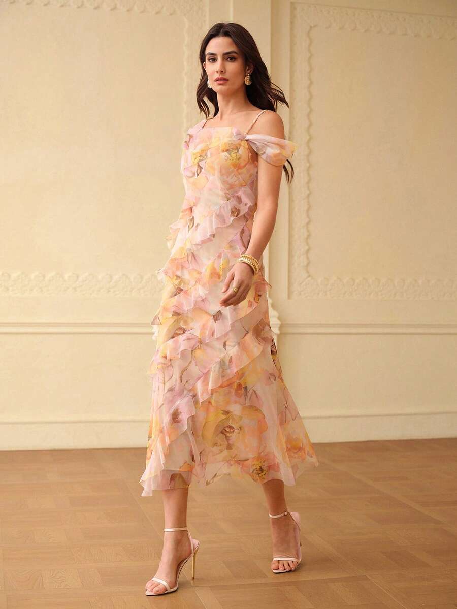 ZEYLAH Floral Print Asymmetric Ruffle Hem Dress