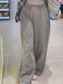 DAZY Women's Drawstring Straight Leg Sweatpants, Elastic Waist Loose Casual Pants - Grey - View 2