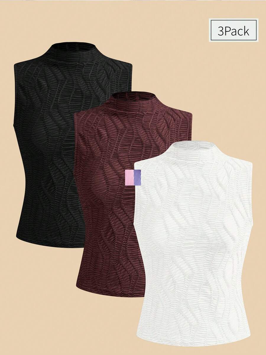 Anewsta 3 Pcs Women's Fashion Solid Color Textured Sleeveless Ruffle Collar Stretchy Elegant Top Set (Apricot, Black, Burgundy) - Multicolor - View 1