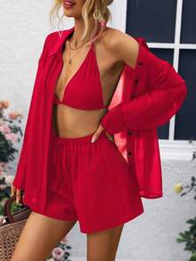 Breezaya 3pcs Women's Mesh Front Opening Long Sleeve Set - Red - View 4