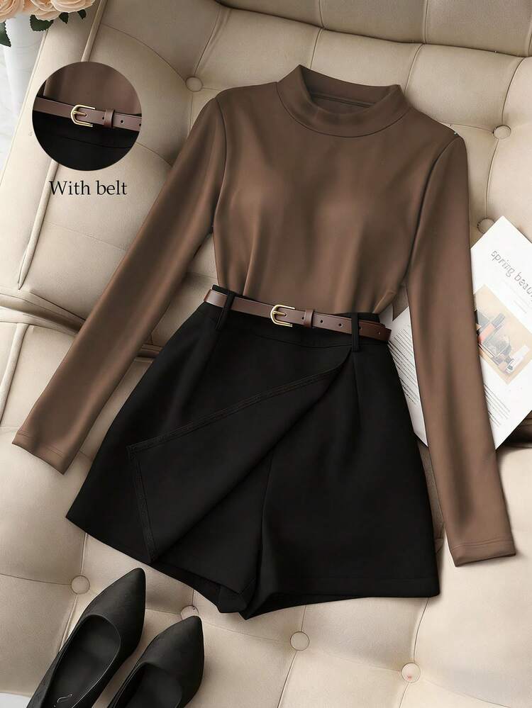 Franclia Casual Versatile Commute Black Crew Neck Long Sleeve Top Paired With Khaki Shorts/Skirt With Belt, Women 2-Piece Suit Set For Spring Autumn - Coffee Brown - View 1