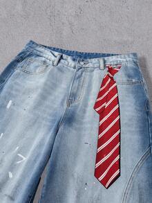 Manfinity Denimwave 男士手绘印花阔腿牛仔裤 - 淺色水洗藍 - 查看 3