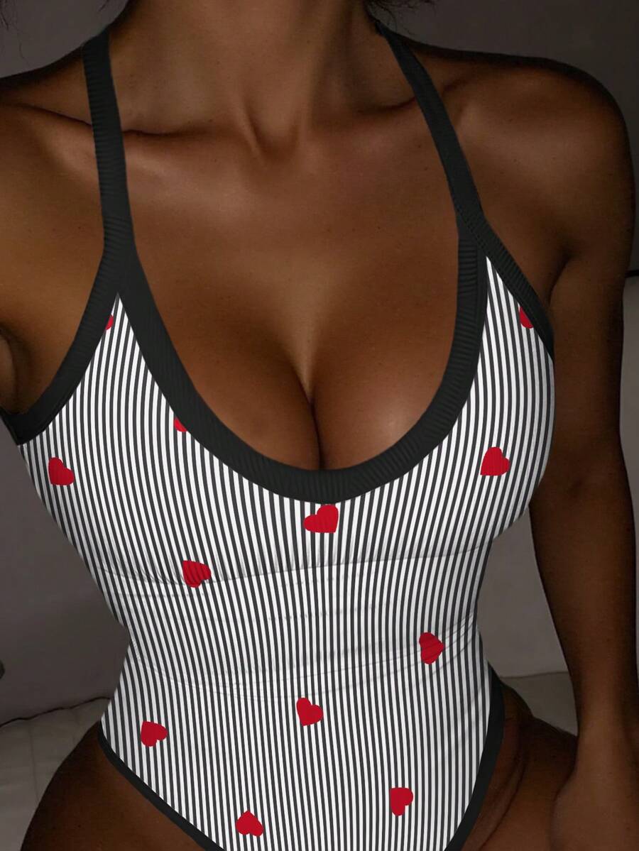Rovax Women's Casual Striped Heart Print Bodysuit, Summer - Multicolor - View 1