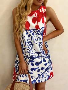 INAWLY 女士豹纹圆领休闲无袖迷你连衣裙 - 彩色 - 查看 3