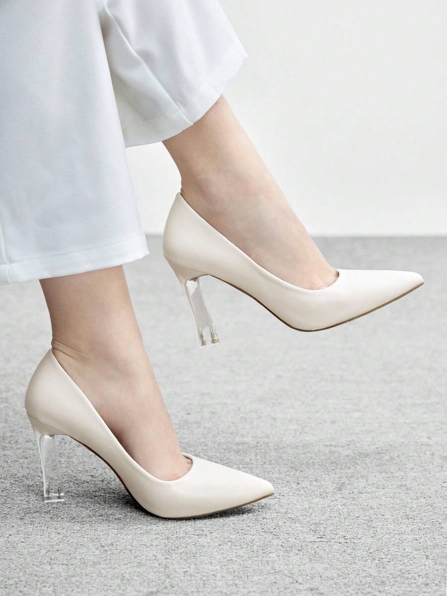 CUCCOO BIZCHIC Women Shoes Beige Pointed Crystal Transparent Heel Stylish Simple Sexy Elegant Office Workers Daily Versatile Commuter Women's High Heels Shoes Women's Shoes Valentine's Day - Off-white - View 1