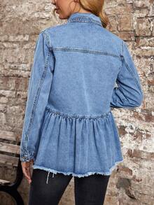 EMERY ROSE Women's Turndown Collar Single-Breasted Ruffle Hem Fashionable Versatile Daily Wear Long Sleeve Denim Jacket - Blue - View 2
