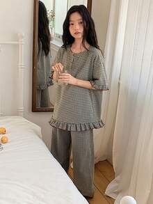 DAZY 少女格子短袖纽扣上衣和裤子睡衣套装 - 彩色 - 查看 4