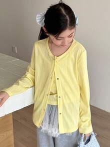 DAZY Tween Girl Solid Color Button-Front Long Sleeve Jacket And Camisole Set - Yellow - View 6