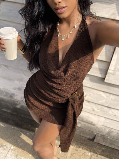 Vaytide Brown Long Sleeve Sexy Slimming Casual Beach Cover-Up, Popular Item For Spring/Summer