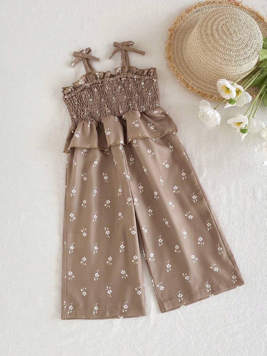 SHEIN Vintaside Kids 女嬰棕色夏季波希米亞度假風碎花荷葉邊蝴蝶結軟織布連身褲,寬鬆版型,適合外出與家庭活動 - 棕色 - 查看 1