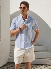 VIVINTIMO Men's Stripe Printed Patch Pocket Front Button Casual Short Sleeve Shirt - Blue - View 1