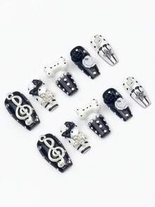 ROMWE Anime 10 Music Notes, Fake Nail Pads And A Piece Of Double-Sided Tape - Black and White - View 4