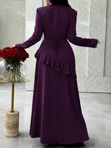Feyla Women's Elegant Rhinestone Peplum Waist Long Dress, Suitable For Spring And Autumn - Purple - View 3