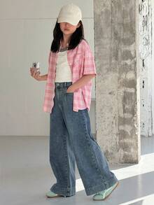 DAZY Tween Girls' Letter Embroidered Pocket Wide Leg Loose Casual Jeans - Blue - View 7