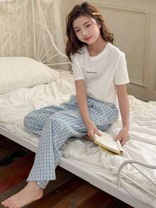 DAZY Tween Girl Letter Print Round Neck Short Sleeve Top And Plaid Print Pants Pajama Set - Blue - View 1