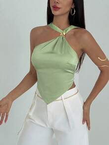 Aloruh 女士优雅通勤休闲金属装饰纯绿色衬衫 - 綠色 - 查看 3