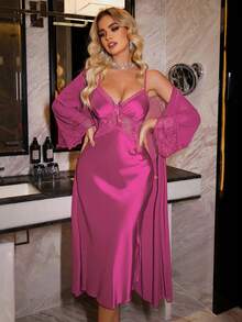 SilkySpell Elegant Satin Lace Robe Robe Women Sleepwear Set - Rose Red - View 6