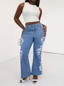 Slaydiva Summer Plus Size Casual Washed Floral Embroidered Flare Jeans Party Casual Summer Vacation Outfits For Women Flare Jeans - Blue - View 3