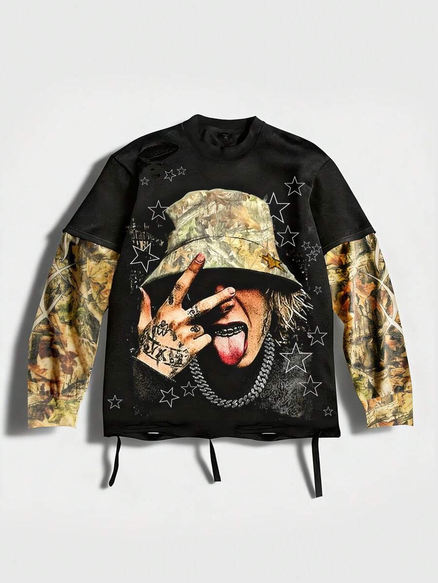 ROMWE MEN 2026 New Spring/Autumn Men's Casual Long Sleeve Sweatshirt 2 In 1 Couple Top - Black - View 1