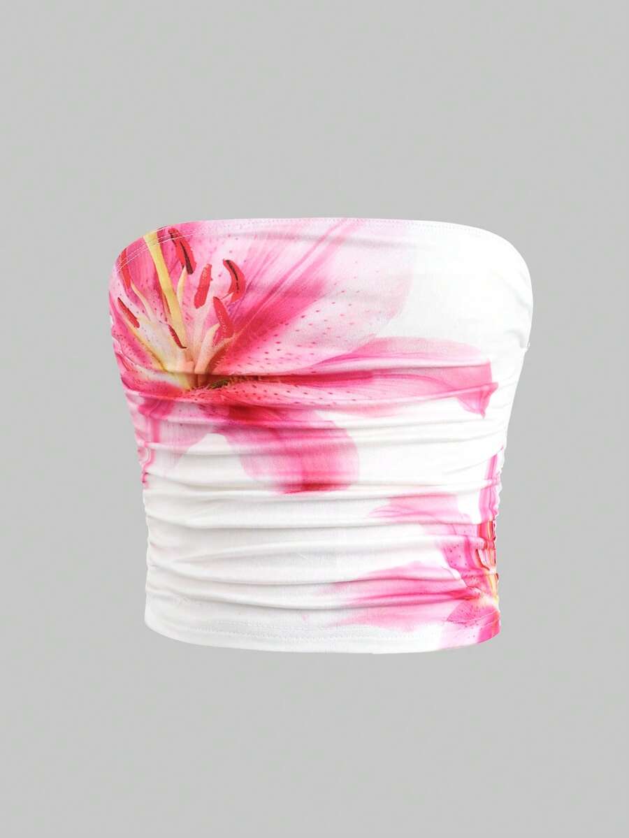 SHEIN Girlism 青少年女孩修身休閒極簡花卉印花內搭衫 - 白色 - 查看 1