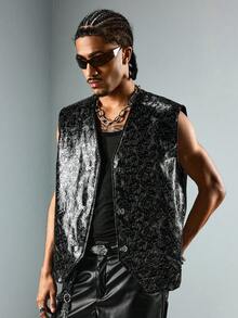 ROMWE MEN Street Life Men's Textured Floral V-Neck Button Vest - Black - View 8