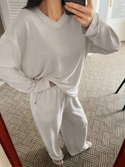 DAZY 2pcs Women Brushed V-Neck Loose Long Sleeve T-Shirt And Pants Pajama Set, Casual Home Wear For Autumn/Winter