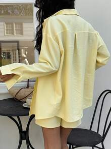 SHEIN EZwear Summer Outfits  Women's Casual Simple Yellow Woven Button-Front Shirt And Shorts 2 Pieces Set, Summer - Yellow - View 2