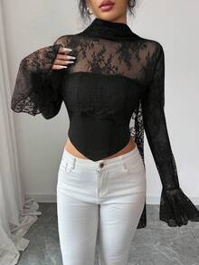 Elenzga Blusa feminina nova, em cor sólida, com detalhes em renda, sem alças, mangas longas e amplas com punhos franzidos, detalhe frontal em espinha de peixe, amarração longa no pescoço, ideal para festas, Halloween, Natal, eventos de fim de ano, encontros e Dia dos Namorados. - Preto - Ver 3