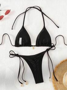 Swim Basics Bộ bikini gợi cảm buộc dây cổ màu trơn dành cho nữ mùa hè 2025, bikini dây, bikini tam giác, bikini đi nghỉ mát, bikini cắt chữ V, bikini kiệm vải. - màu đen - Xem 6