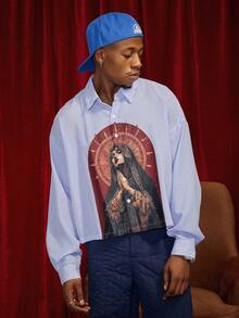 PAVTROS 加大码男士休闲长袖条纹宽松衬衫，街头风，复古风 - 藍白色 - 查看 7