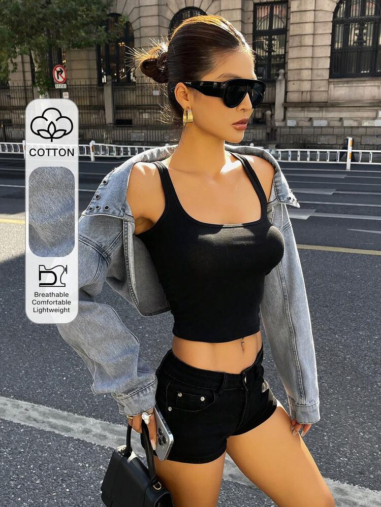 Women's Solid Color Minimalist Daily Wear Super Cropped Denim Long Sleeve Top Y2k