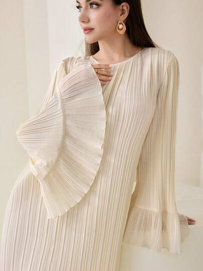 Veilorie Women's Elegant Minimalist Solid Color Textured Flare Sleeve Arabic Style Dress, Autumn