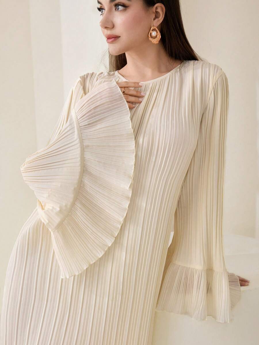 Veilorie Women's Elegant Minimalist Solid Color Textured Flare Sleeve Arabic Style Dress, Autumn